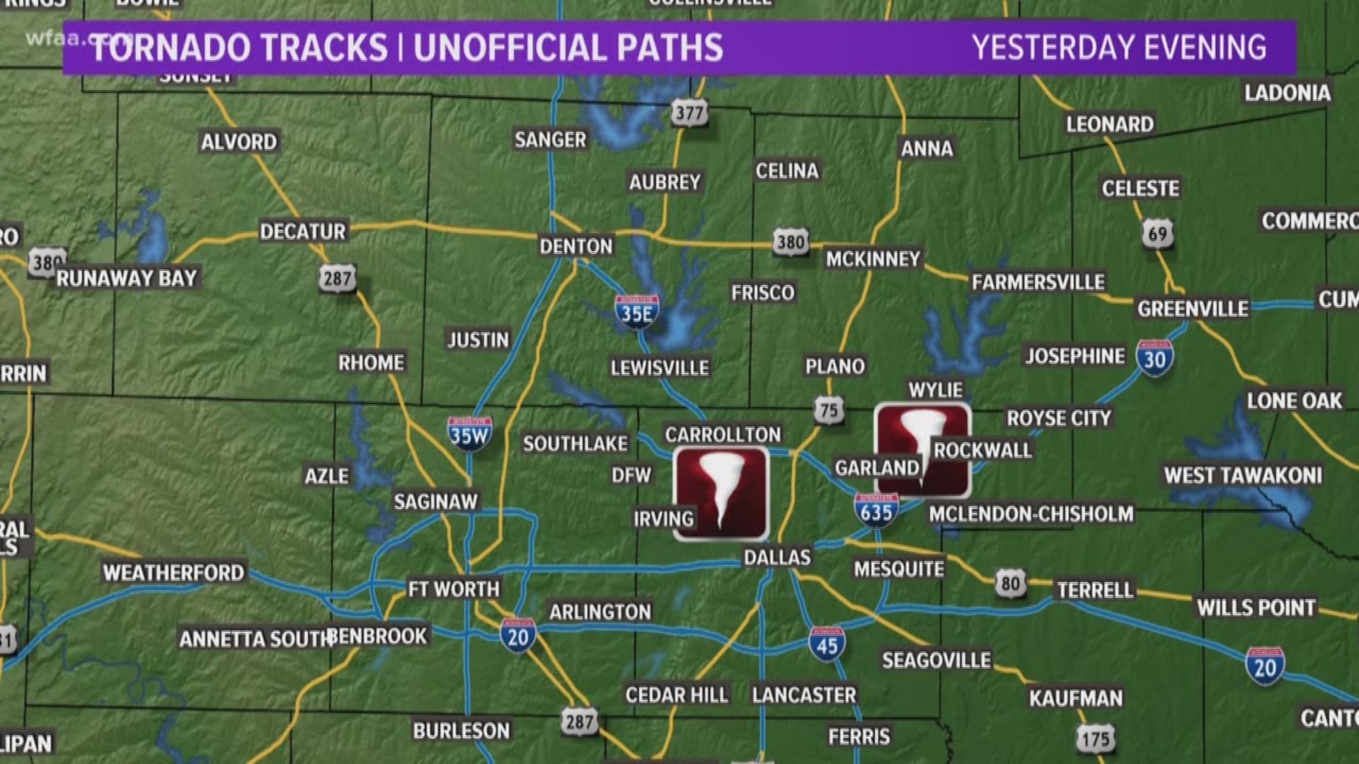 The National Weather Service said they were sending survey teams to Dallas, Garland, Richardson, Rowlett and Sachse to assess the damage Monday morning.