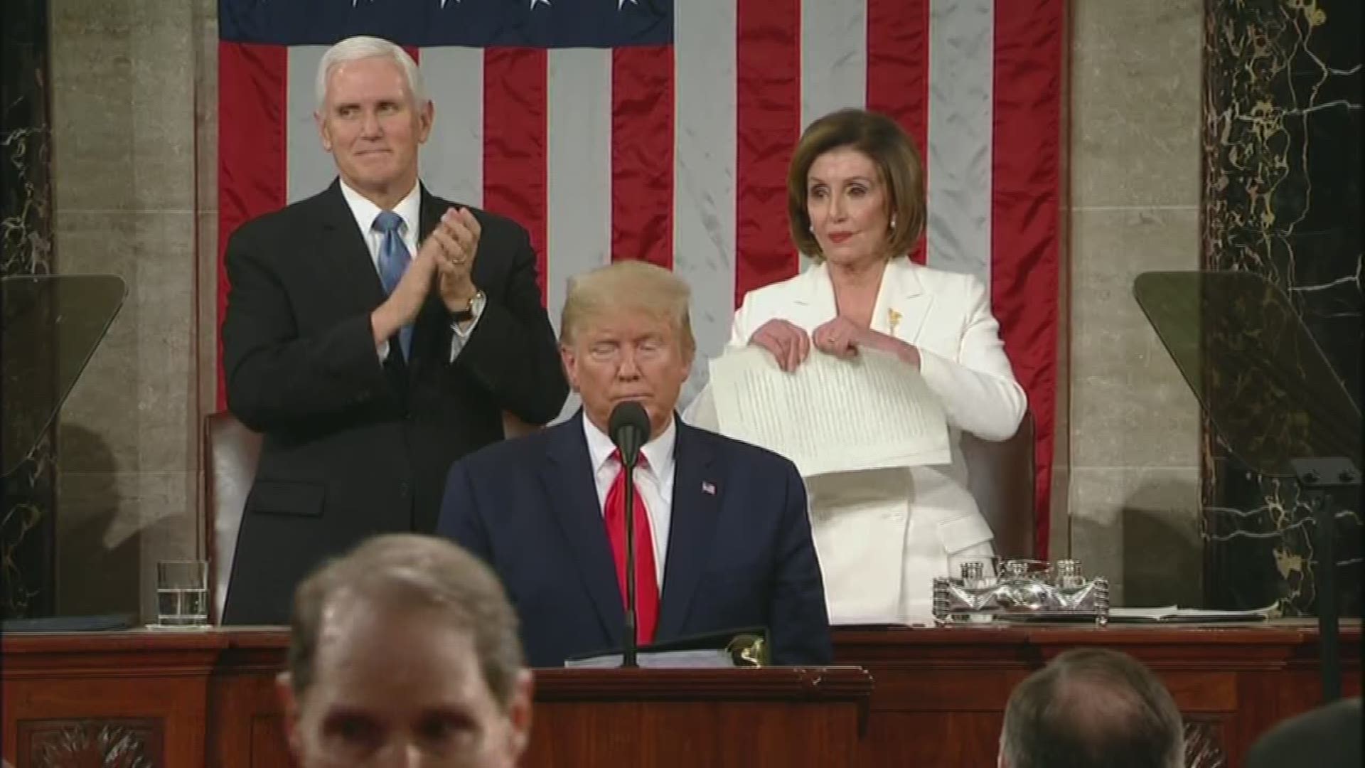As President Donald Trump wrapped up his State of the Union speech, House Speaker Nancy Pelosi appears to rip up Trump's speech while standing behind him.