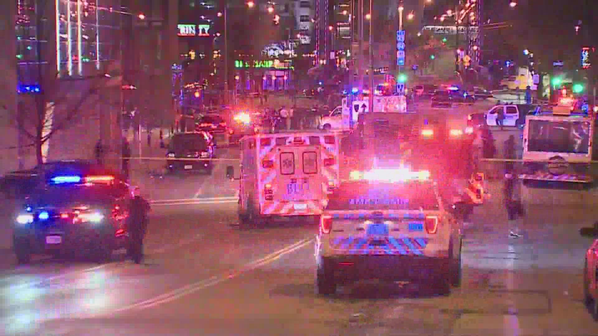 Authorities say 20 people were injured in two shootings in downtown Milwaukee near an entertainment district where thousands of people were watching the Bucks play.