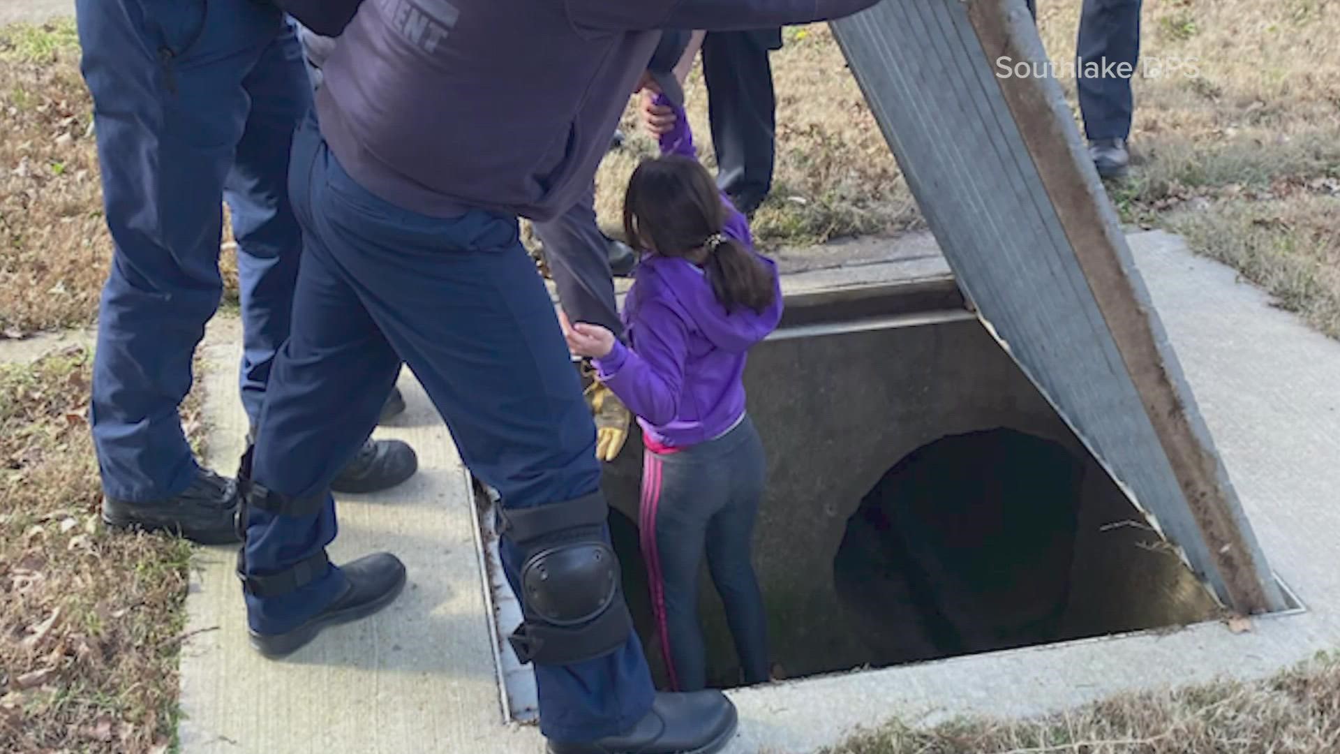 Tori and Carly wanted to play outside after being stuck in quarantine. It was all fun and games until Tori crawled into a drainage pipe, police said.