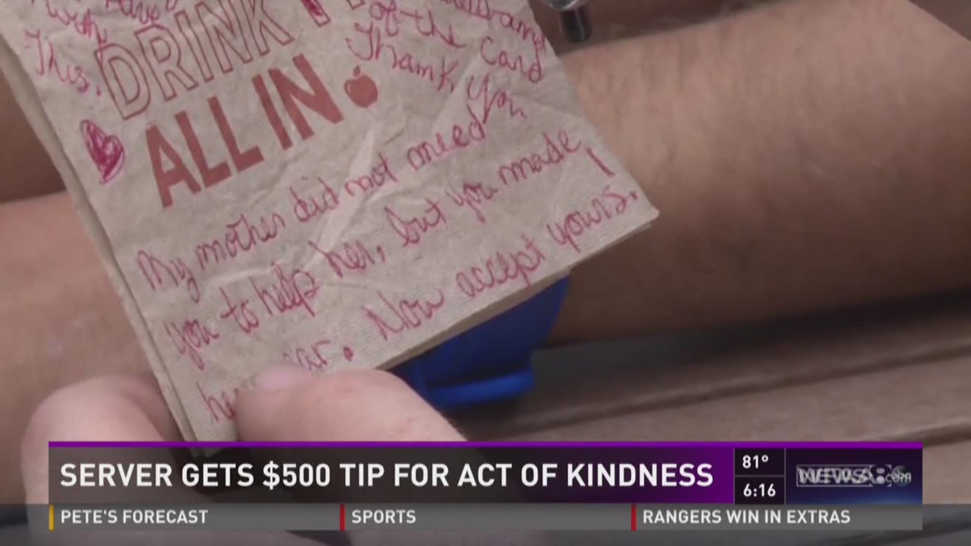 Server gets $500 tip for act of kindness