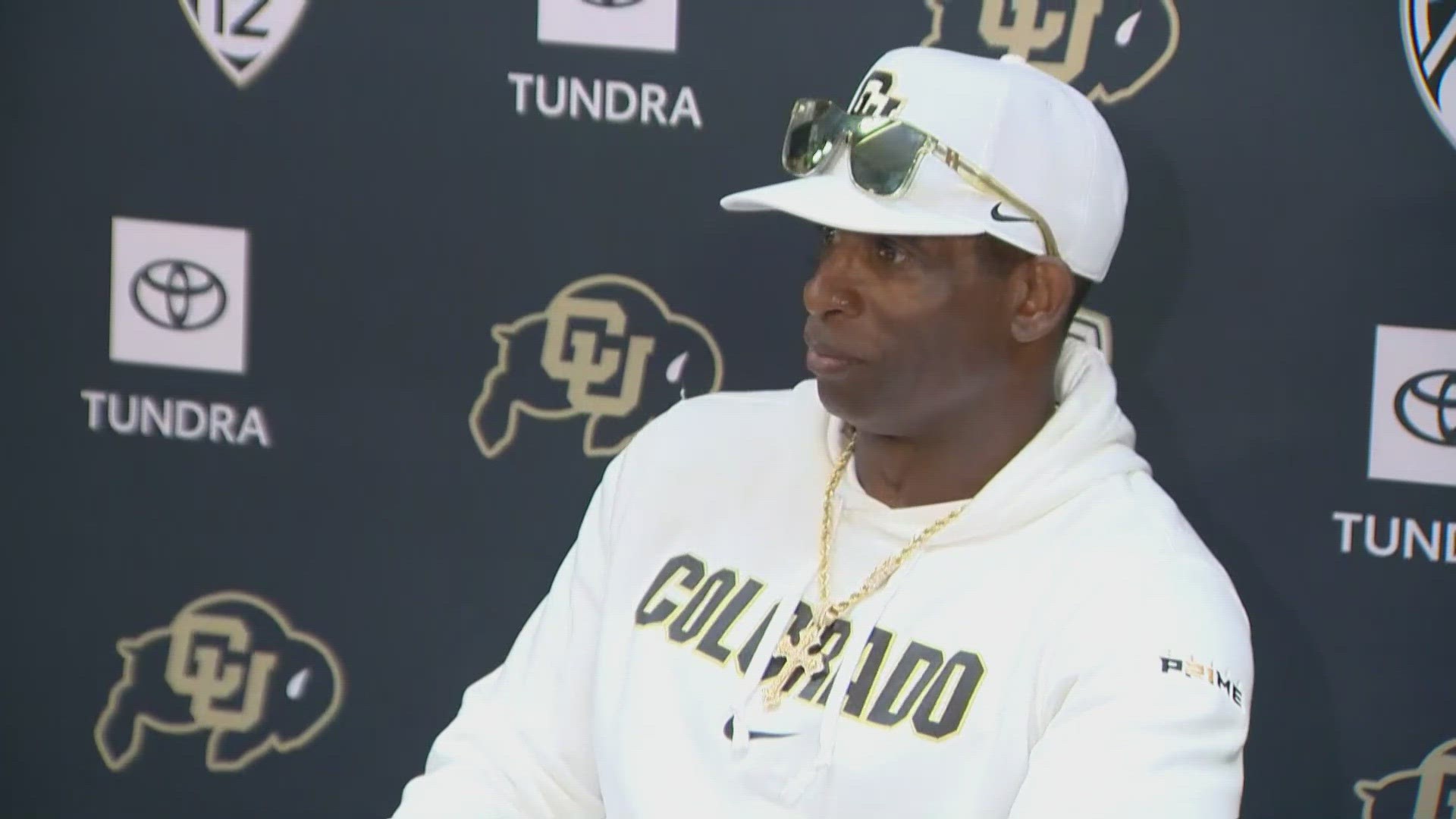 Deion Sanders speaks with the media after beating TCU 45-42.