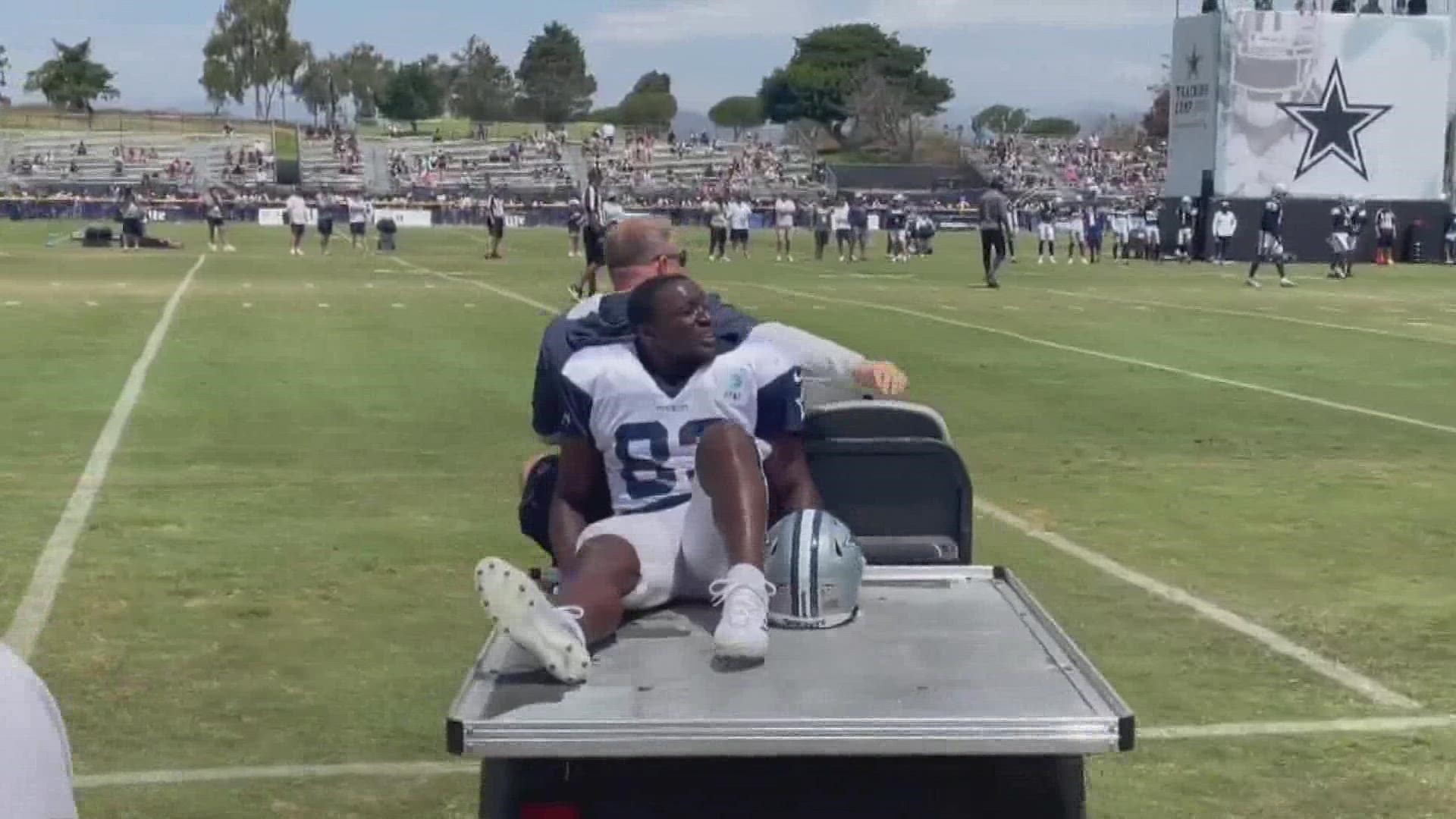 Dallas Cowboys wide receiver James Washington had to be carted off the field on Monday morning after injuring his right foot in practice.