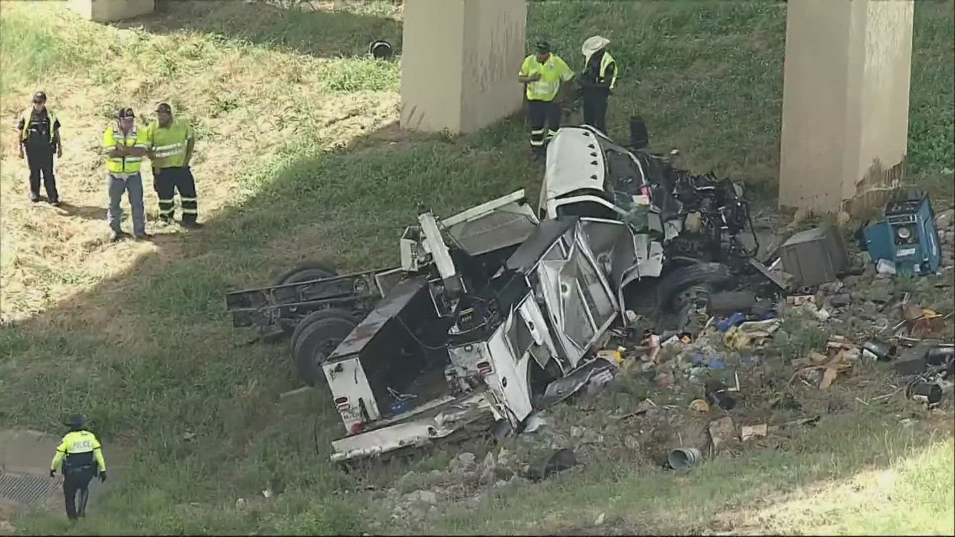 Footage of the scene shows at least one vehicle had crashed to the ground beneath the roadway.