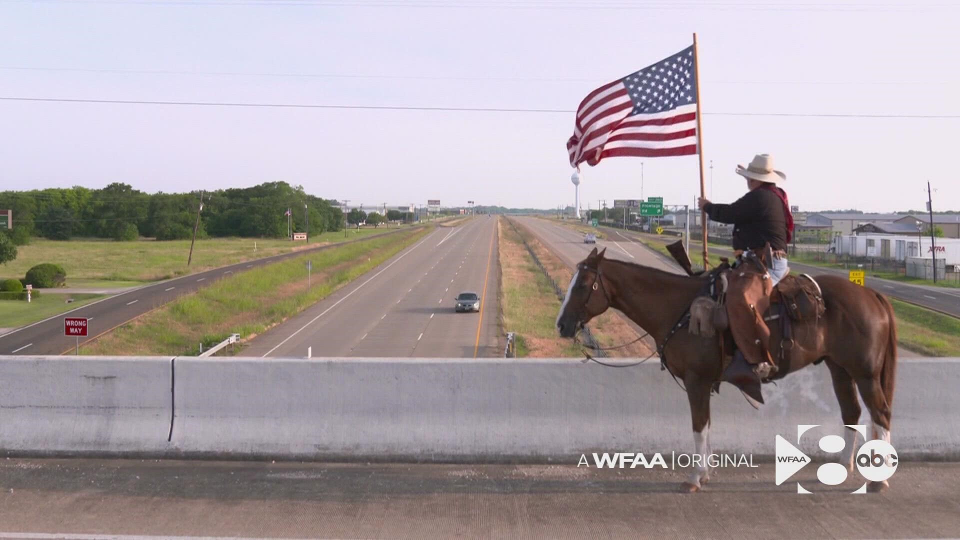 Clint Sparks, a J Bar C Cowboy Church member in Palmer, has sat atop his horse since 2015 near FM813 and I-45 to simply be a beacon of encouragement.