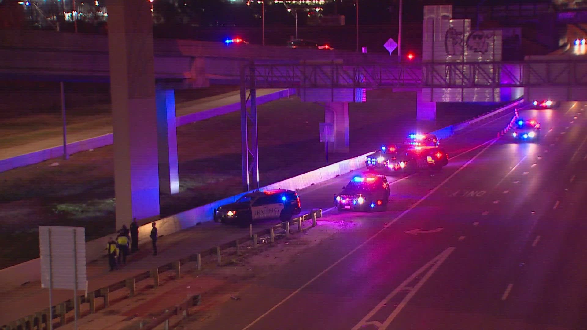 Irving police said the vehicle they were going after lost control and crashed near I-35 and the Woodall Rodgers exit ramp.