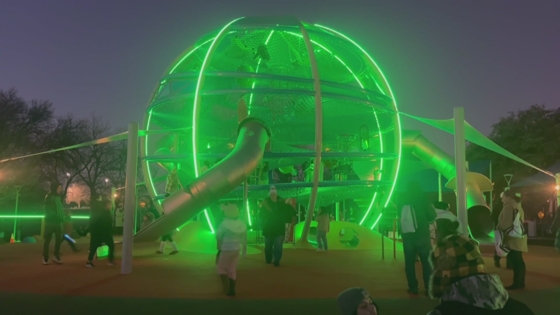 The playground, called Joya (meaning ‘jewel’ in Spanish) at Oran Good Park in Farmers Branch, is equipped with interactive features that glow.