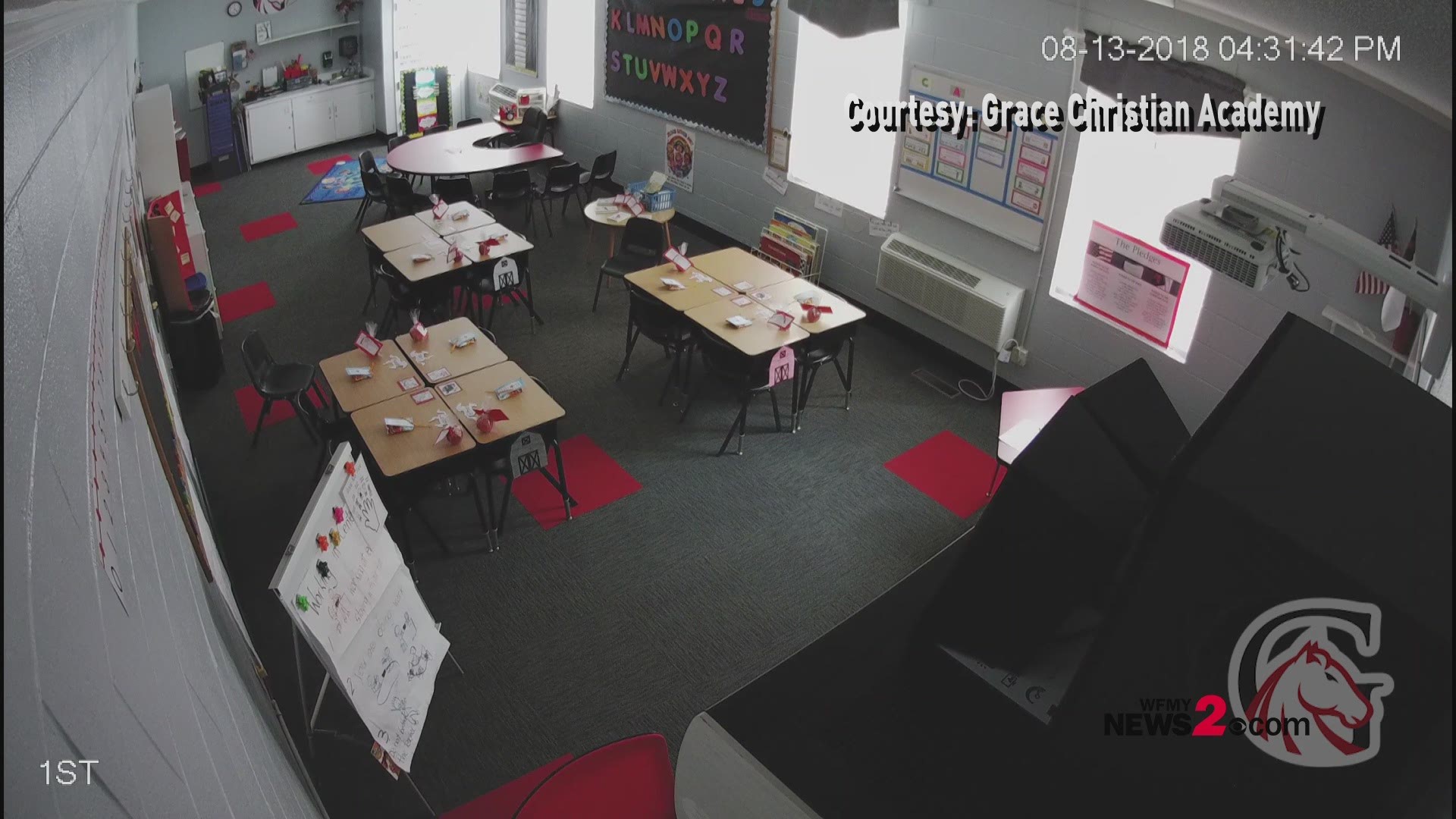 WFMY News 2 was given an exclusive copy of surveillance video from inside Grace Christian Academy which is a school located at the church. The video shows the exact moment the logging truck slammed into one of the classrooms