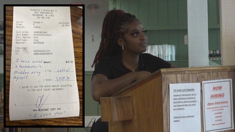 'I didn't know who he was,' Greensboro restaurant worker receives $1,000 tip from former NFL star