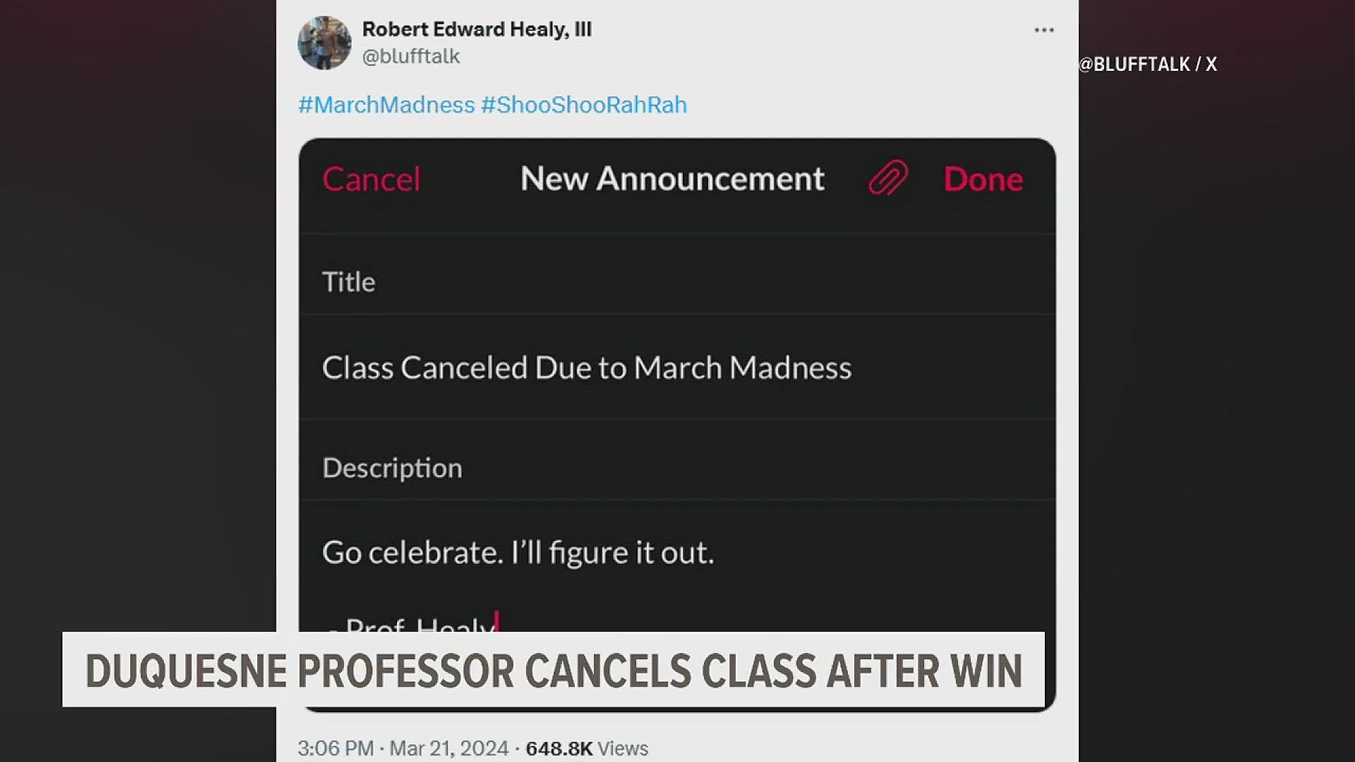 "Go celebrate. I'll figure it out," said one professor to his students following the school's first NCAA Tournament victory in 55 years.