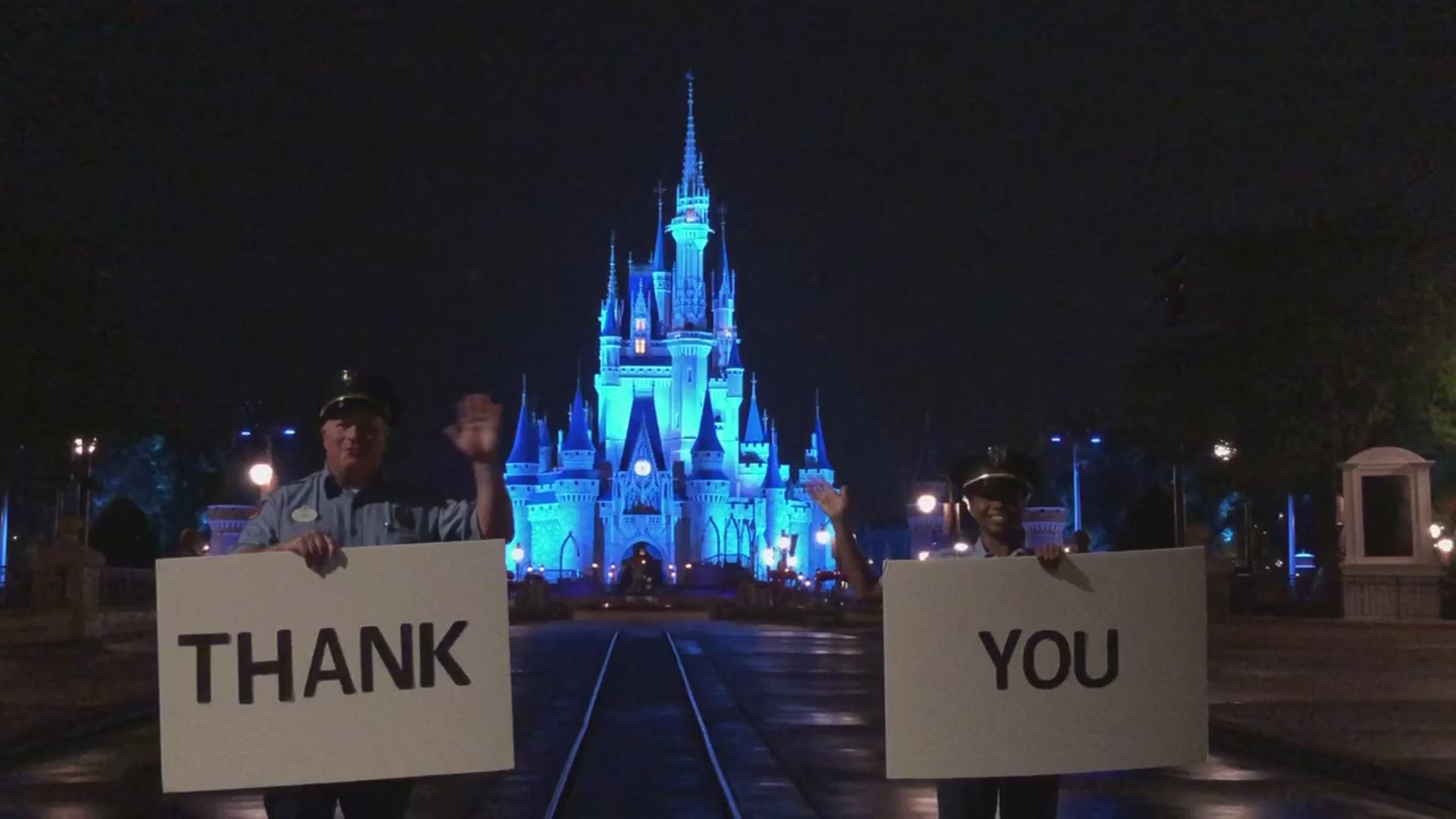 Workers at Disney's Magic Kingdom say Thank you to our health care workers on World Health Day.