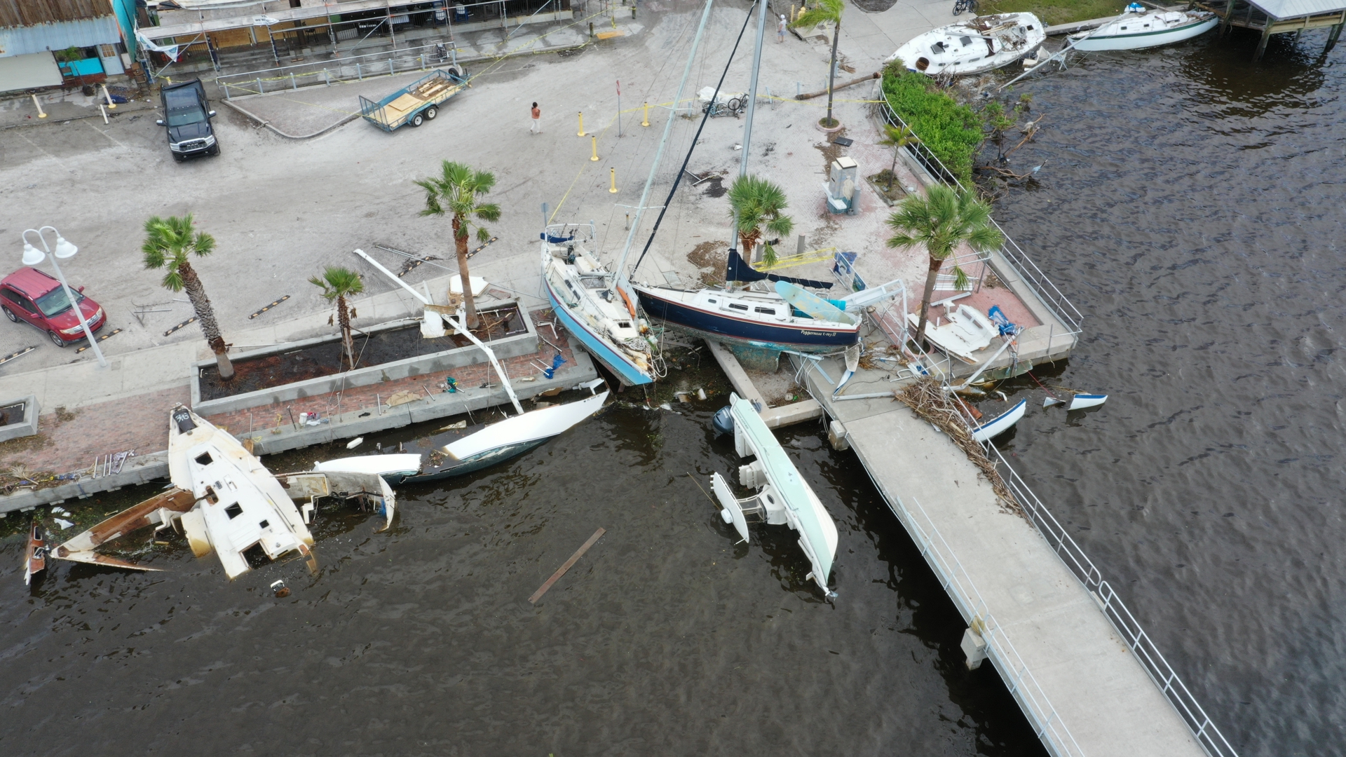 Drone footage reveals the aftermath of severe winds and storm surge in Gulfport, Florida after Hurricane Helene, which damaged boats and pushed them onshore.