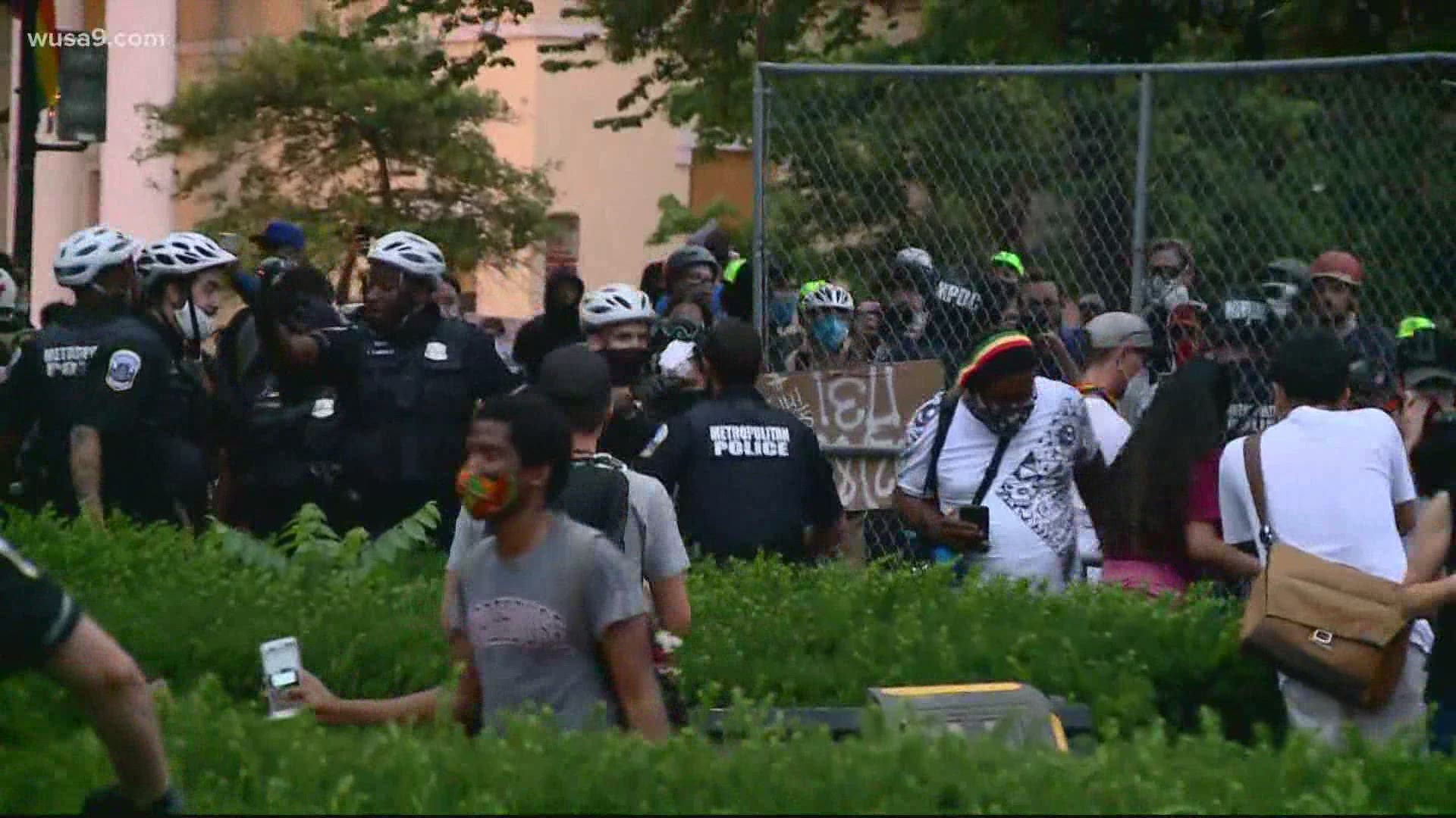 Police used pepper spray to clear protesters out of Lafayette Square outside the White House as crowds tried to tear down a statue of Andrew Jackson.