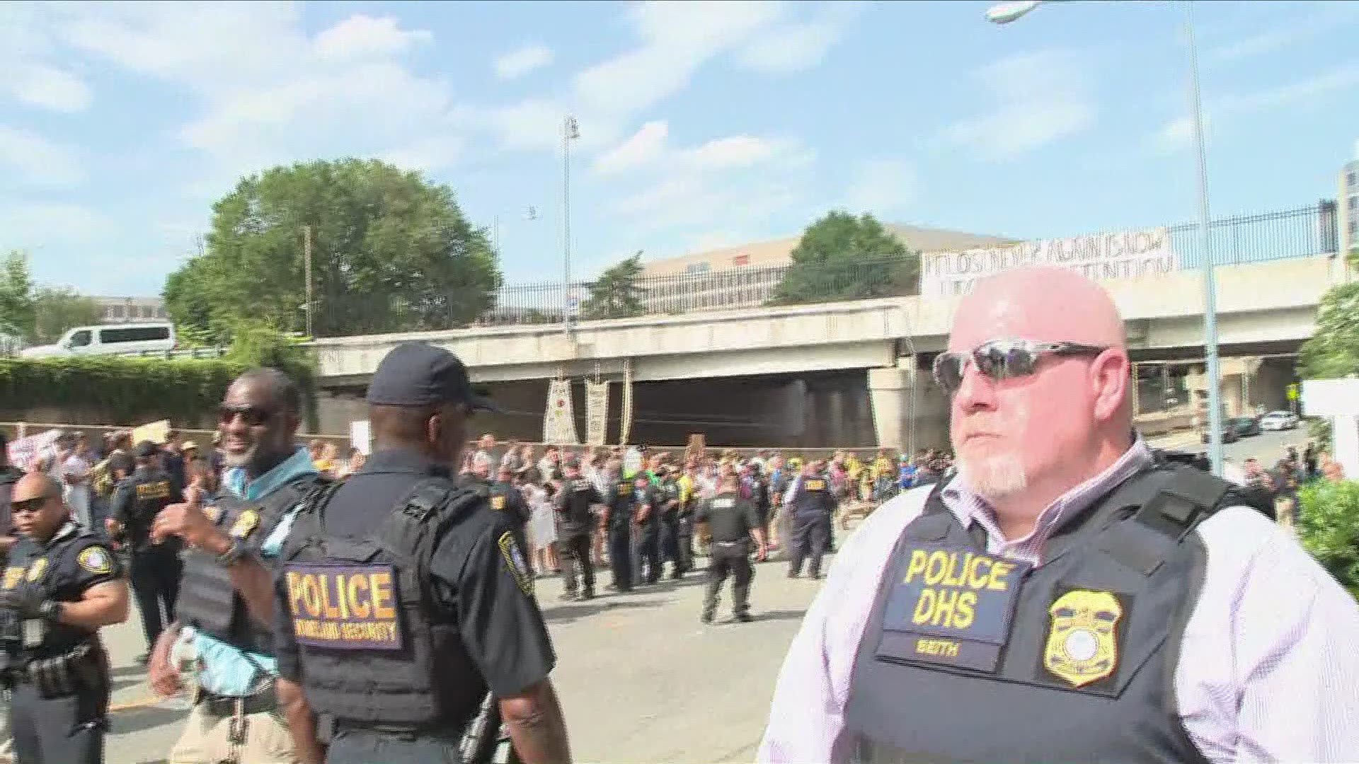 MPD confirmed 11 people were arrested after unlawfully entering ICE headquarters during a demonstration protesting the recent raids across the United States.