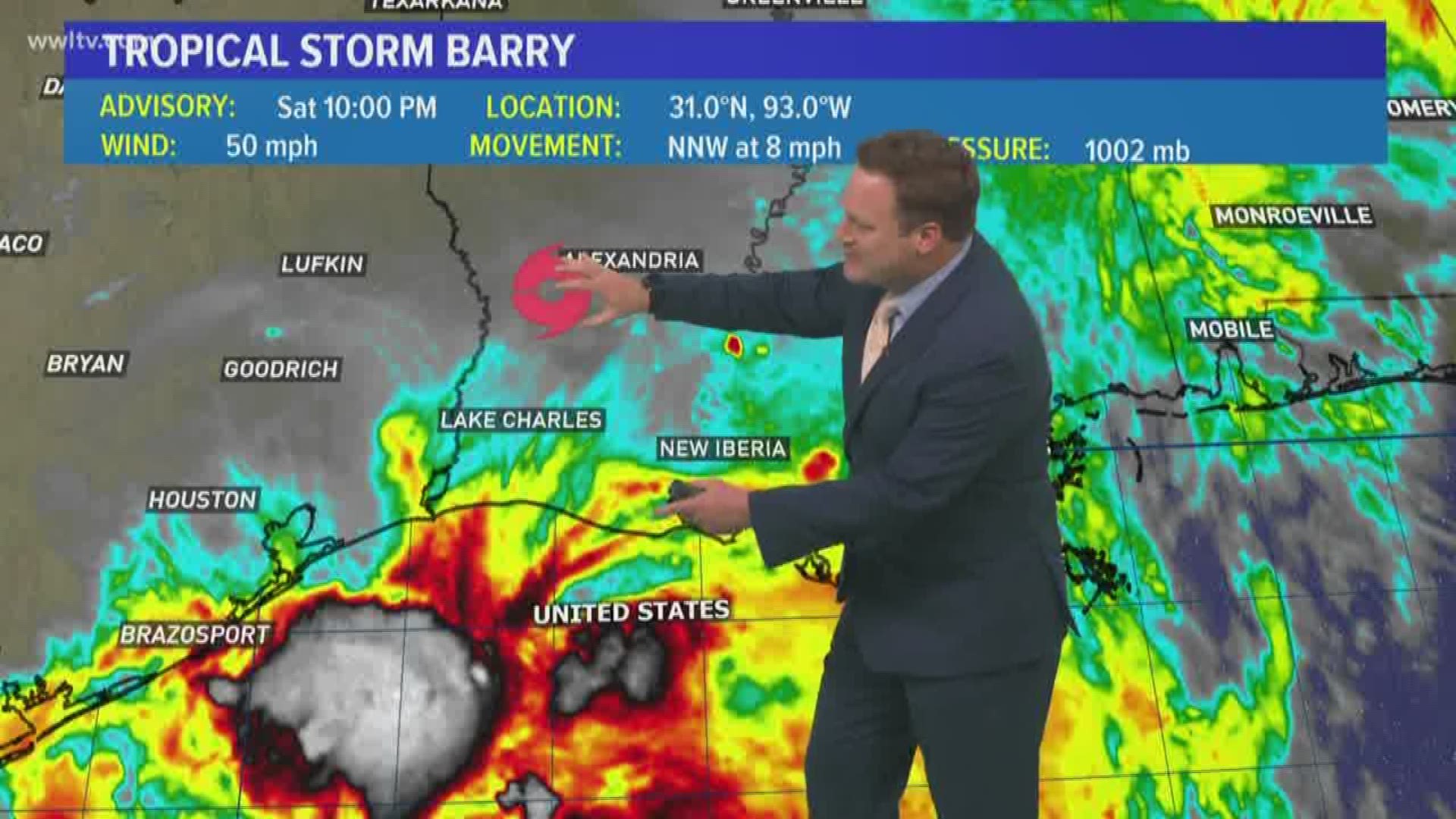 The  10 p.m.Saturday advisory has been released from the National Hurricane Center. New information in this advisory: Tropical Storm Barry's winds have continued to decrease, this time to 50 mph, and its movement remains at 8 mph to the north-northwest after speeding up in the last few hours.