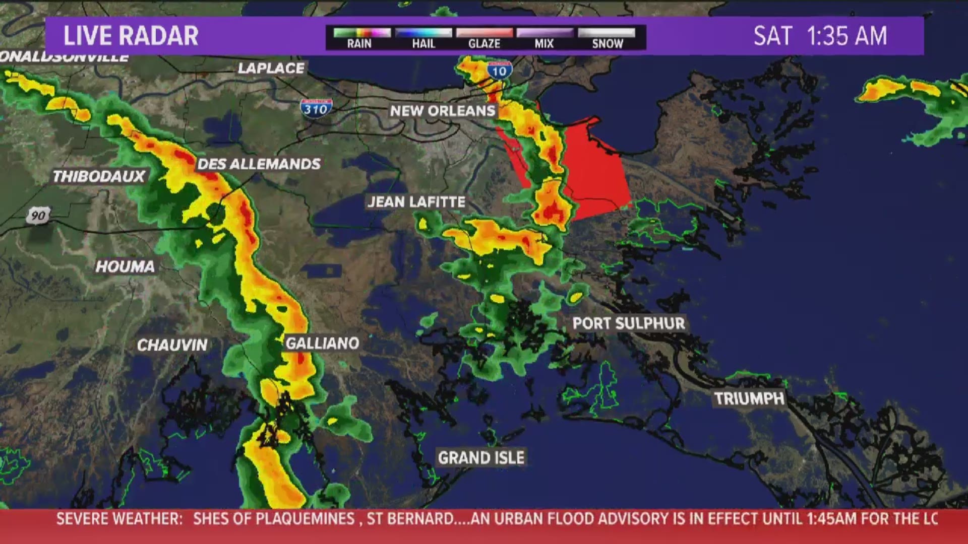 The warning was initially in effect from about 1 a.m. to 1:30 a.m., but was extended longer for those parishes south of New Orleans