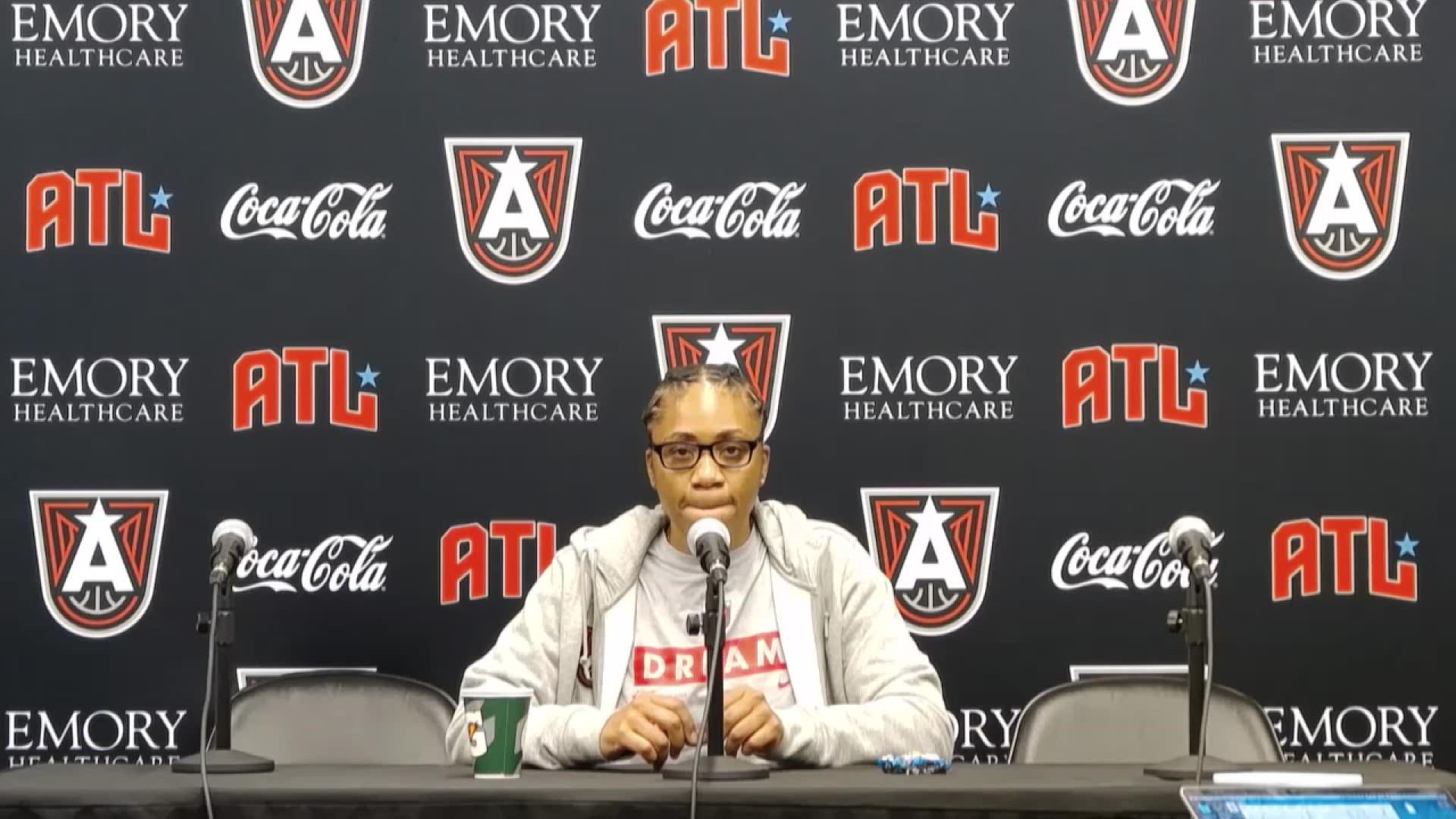 Atlanta Dream Coach Tanisha Wright spoke about the Brittney Griner prison sentence in Russia after the team's win over the Los Angeles Sparks.